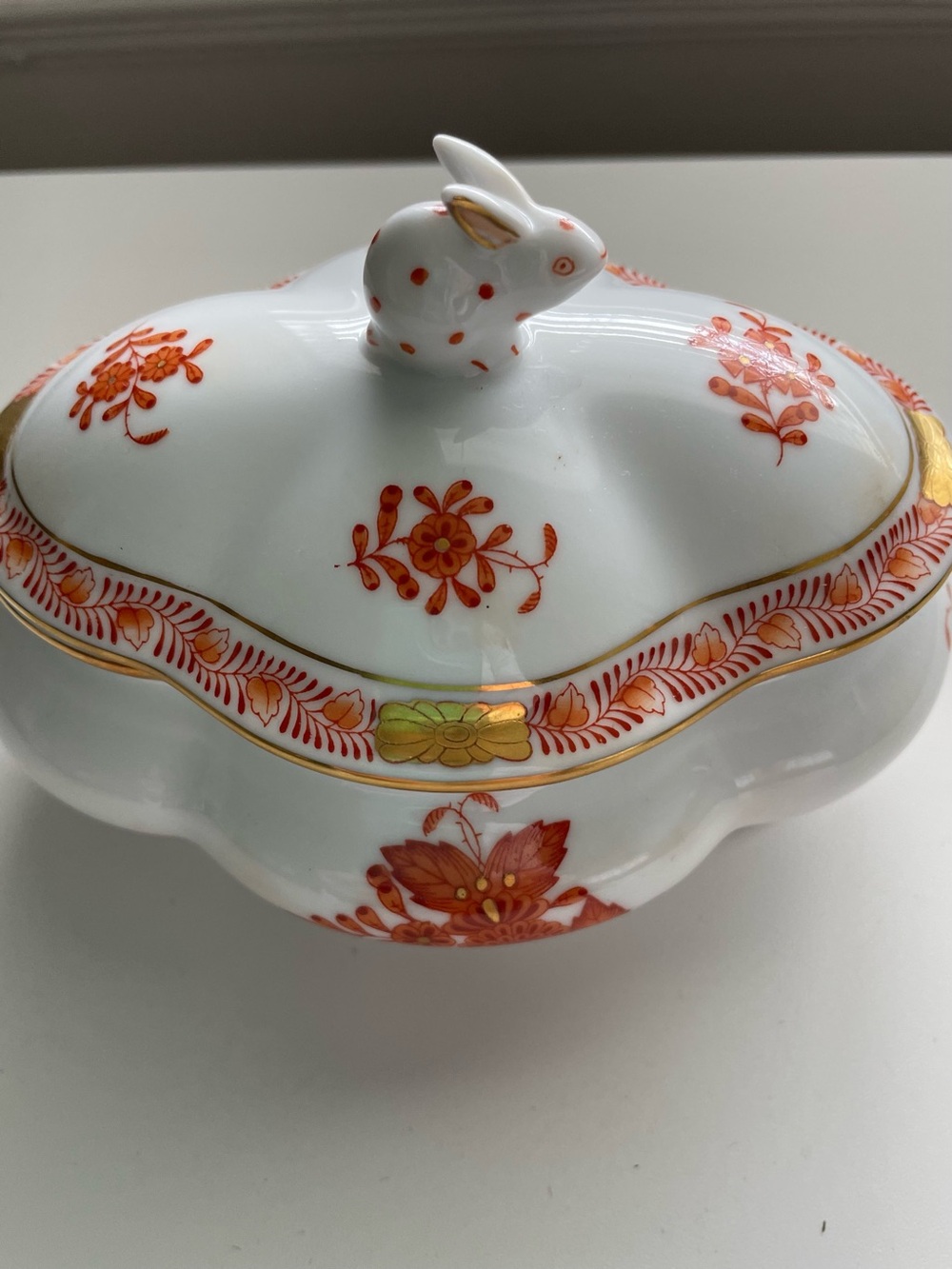 Herend Chinese Bouquet Rust Covered Bonbon with Bunny.